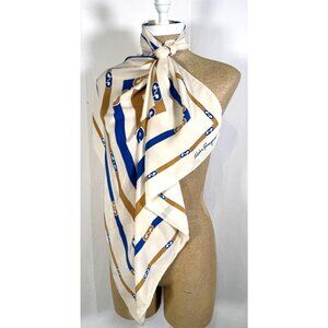 Salvatore Ferragamo Silk Large Scarf Chains Horsebit Logo Hand Rolled Edges Wrap